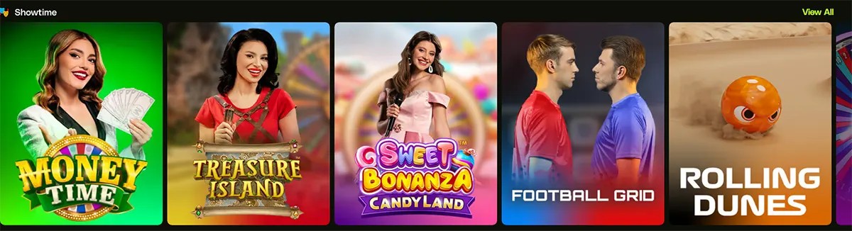 Showtime game row with thumbnails for Money Time, Treasure Island, Sweet Bonanza Candyland, Football Grid, and Rolling Dunes.