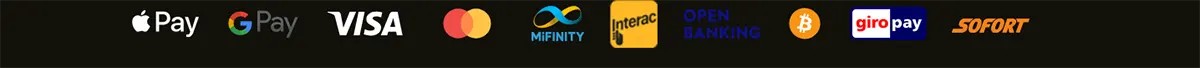 Row of payment logos on a dark background: Apple Pay, Google Pay, Visa, Mastercard, MiFinity, Interac, Open Banking, Bitcoin, giropay, and Sofort.